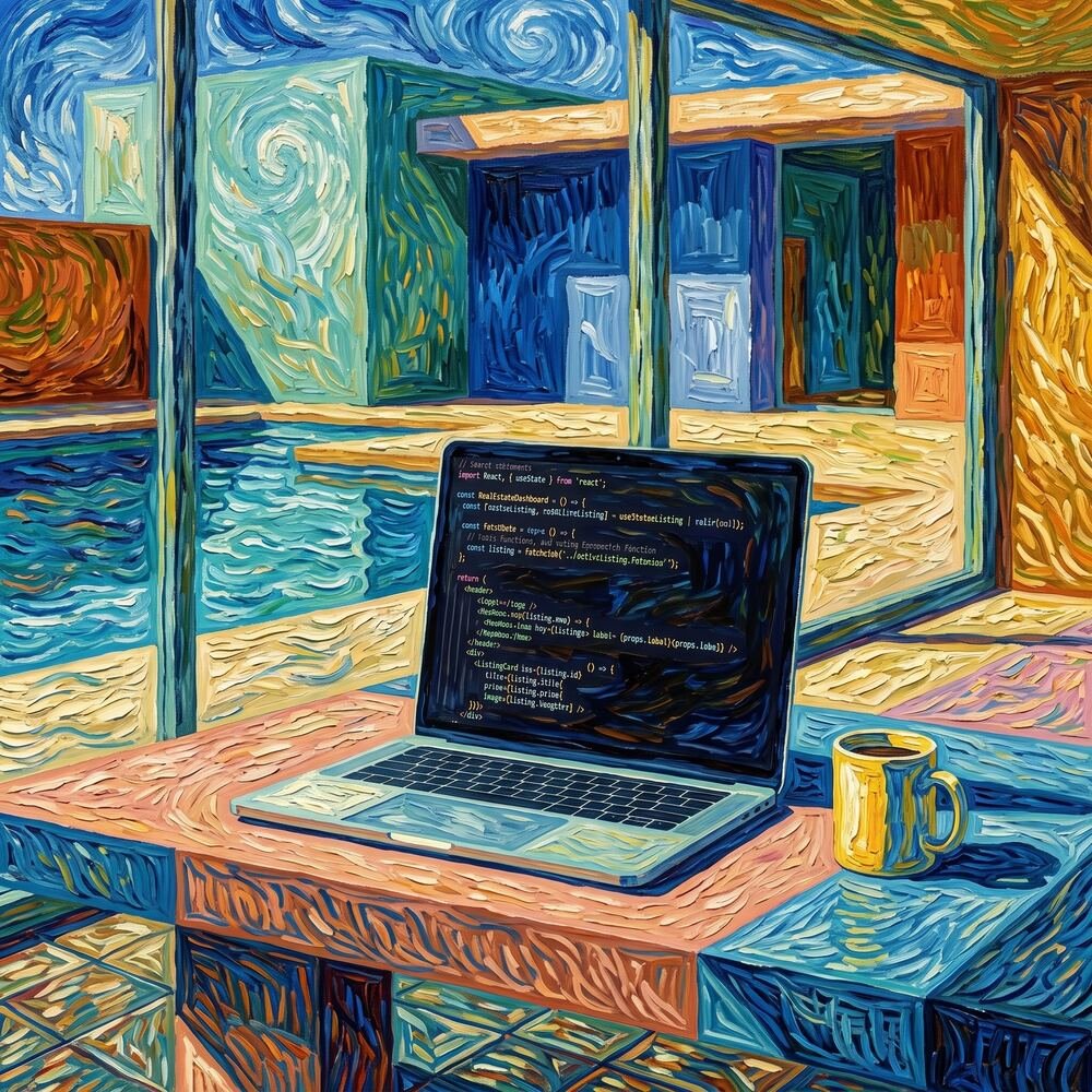 A Van Gogh-style oil painting of a laptop showing code on a workshop desk beside a window