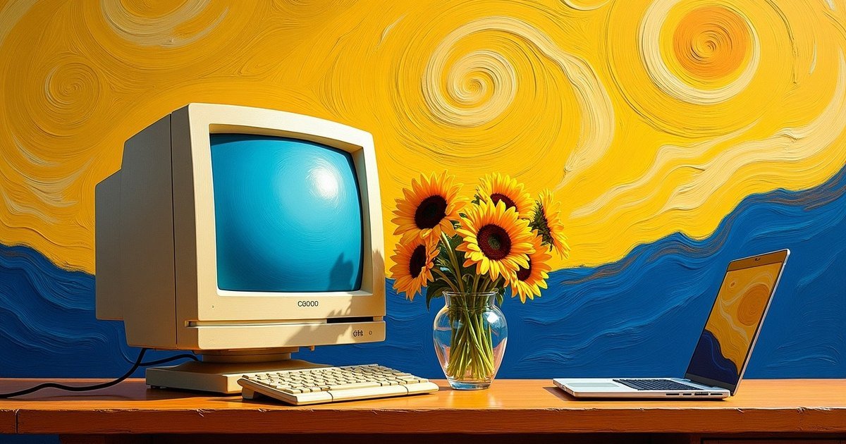 An old beige computer beside a vase of sunflowers and a modern laptop, painted in the style of Van Gogh