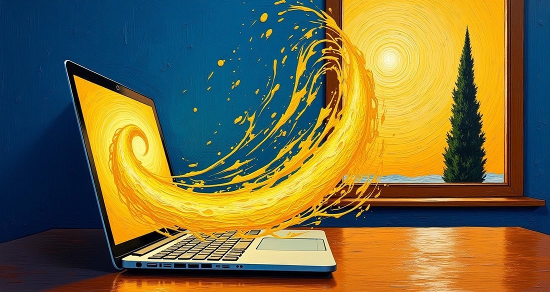 A glowing swirl of golden paint streaming from a laptop screen