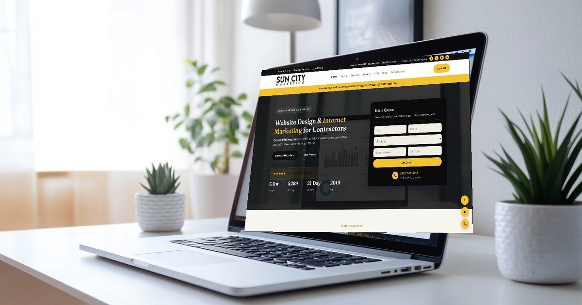 A laptop showing the Sun City Marketing website design page for contractors, on a white desk beside two plants