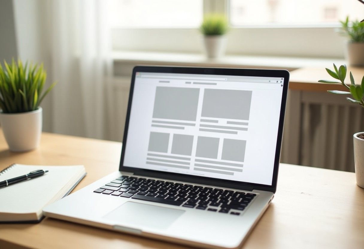 A workspace with a laptop, notebook, and printed website wireframes