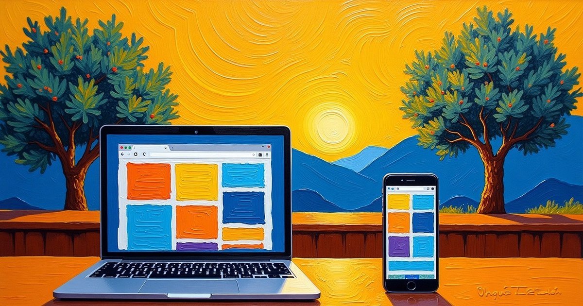 A laptop and a phone on a wooden table in front of olive trees and a golden sun, painted in the style of Van Gogh