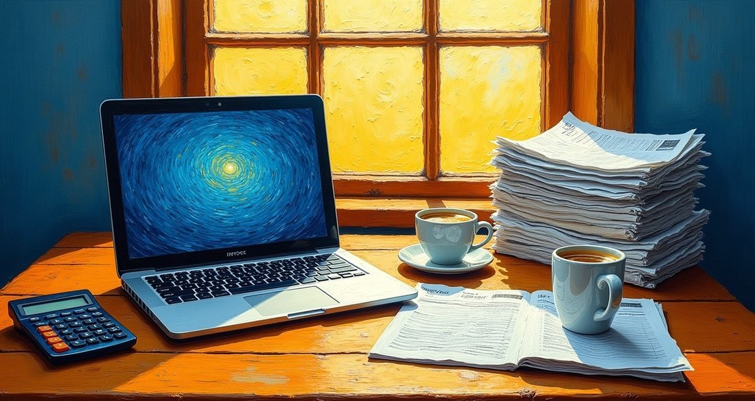 A painted desk with a laptop, a calculator, a window, and a stack of papers