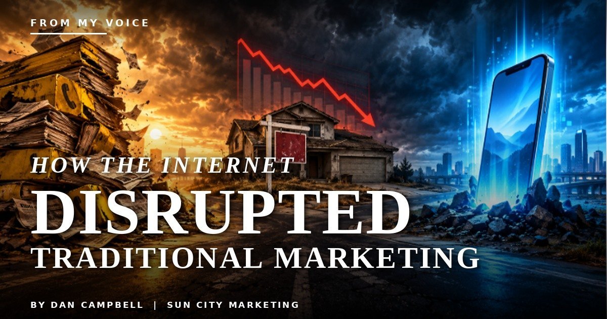 A stack of old phone books and a foreclosed house with a falling red chart on one side, and a glowing smartphone on the other, with the title How the internet disrupted traditional marketing