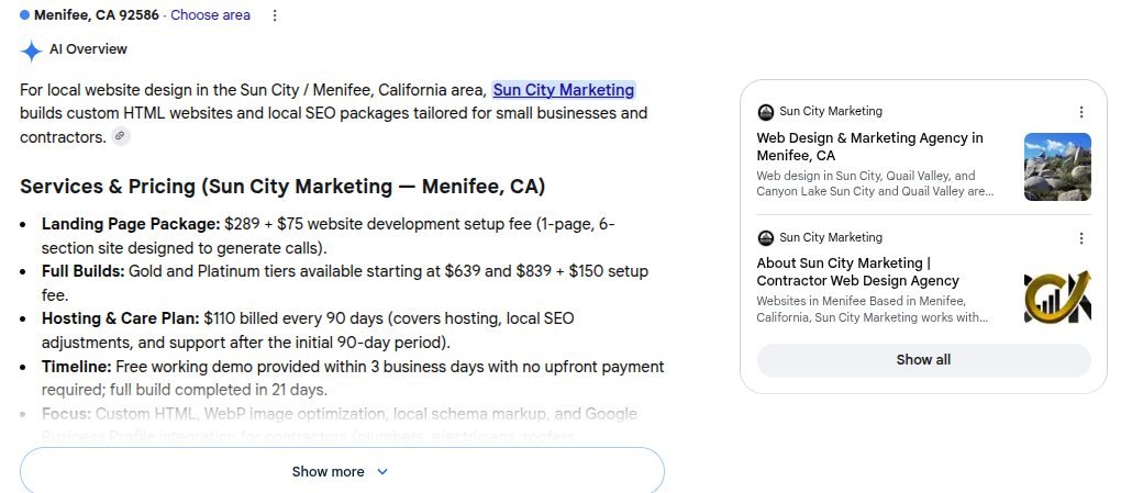 Google AI Overview naming Sun City Marketing for website design in the Sun City and Menifee area