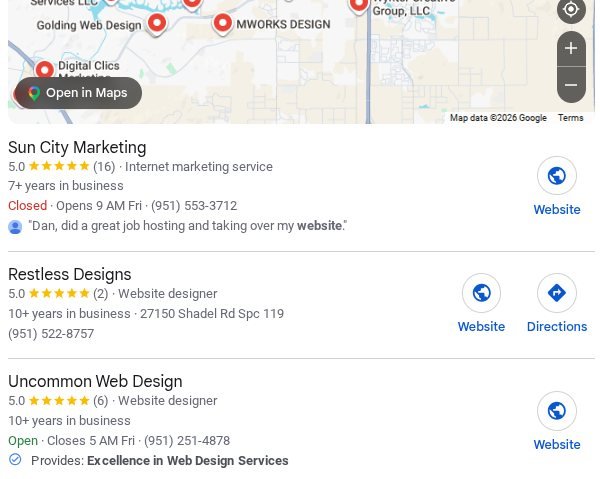 Google local map pack for website design in sun city with Sun City Marketing listed first