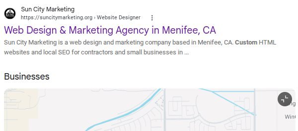 Organic Google result for suncitymarketing.org shown above the Businesses map