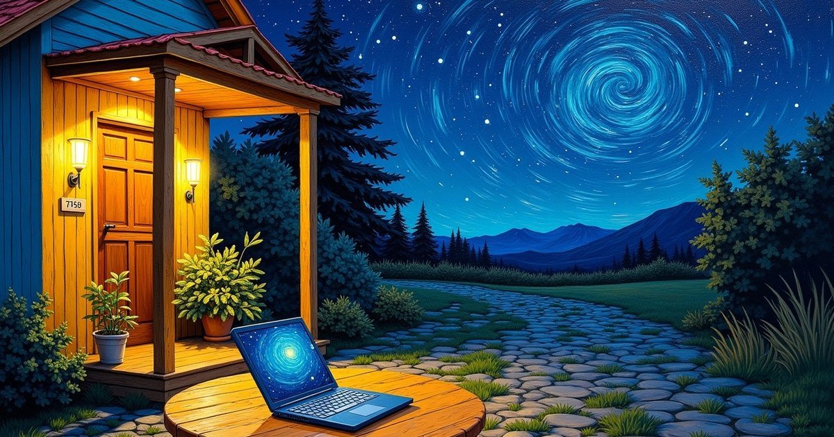 A small house with a glowing porch light and a laptop on a round table under a swirling starry sky, painted in the style of Van Gogh