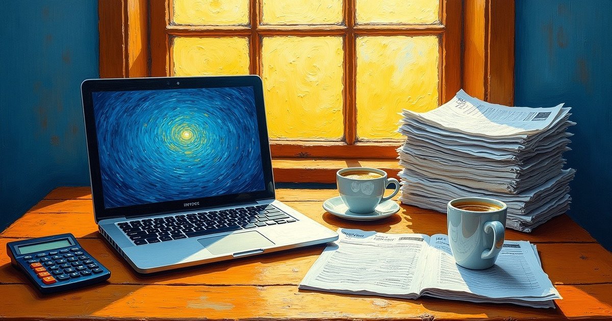 A laptop, a calculator, and a stack of invoices on a wooden desk in a sunlit window, painted in the style of Van Gogh