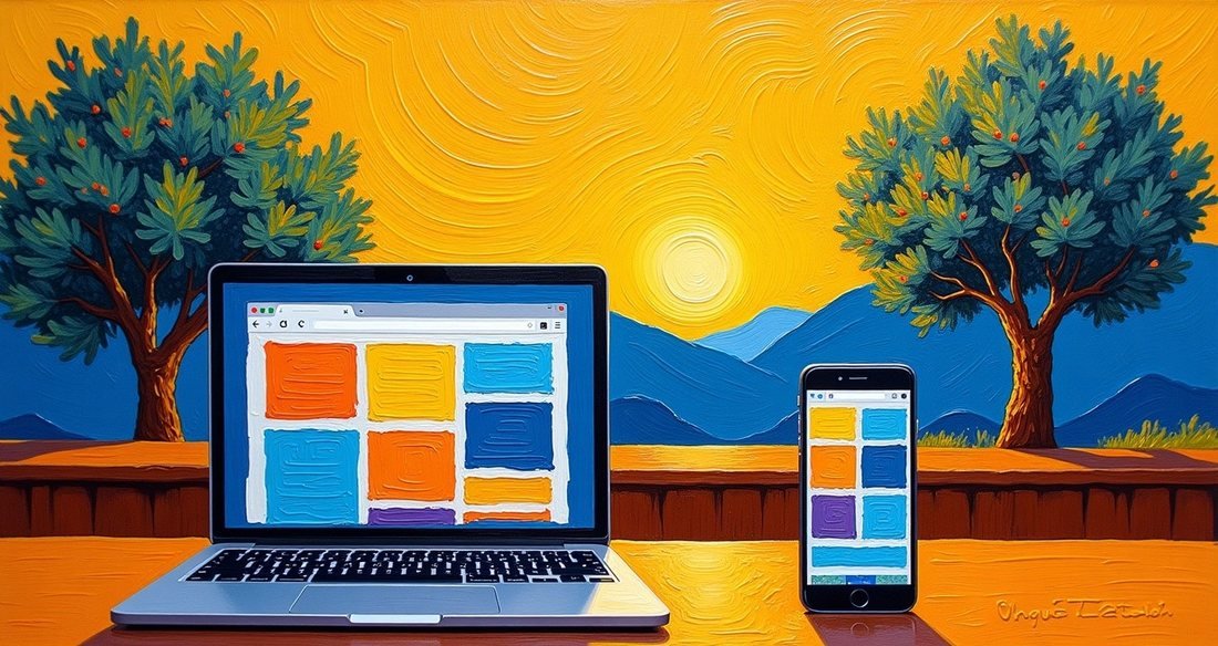 A painted laptop and phone showing the same website layout in orange, yellow, and blue blocks