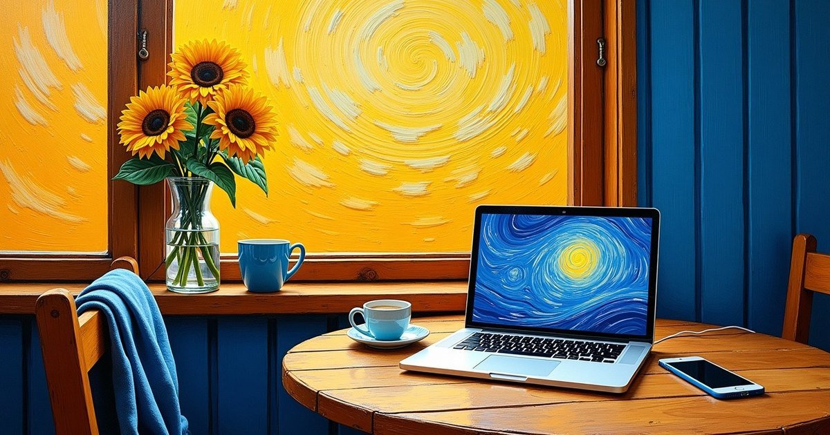 A laptop on a round wooden kitchen table beside a coffee cup and a vase of sunflowers, painted in the style of Van Gogh