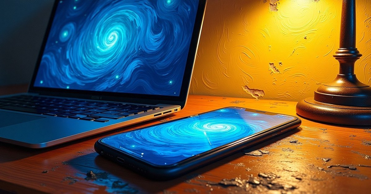 A phone lying beside a laptop on a worn wooden desk under a warm lamp, both screens glowing with blue swirls, painted in the style of Van Gogh