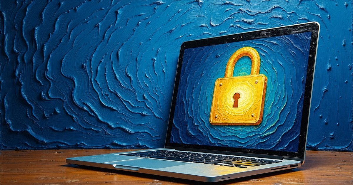 A laptop showing a glowing golden padlock against a swirling blue textured wall, painted in the style of Van Gogh