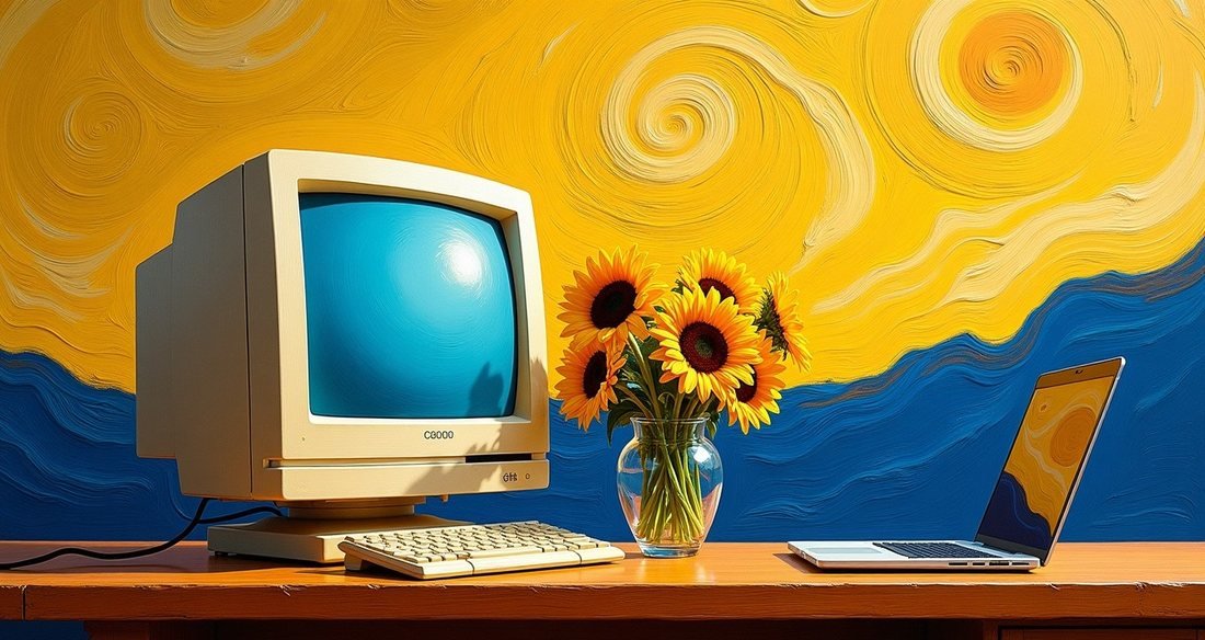An old beige computer beside a vase of sunflowers and a modern laptop, painted in the style of Van Gogh