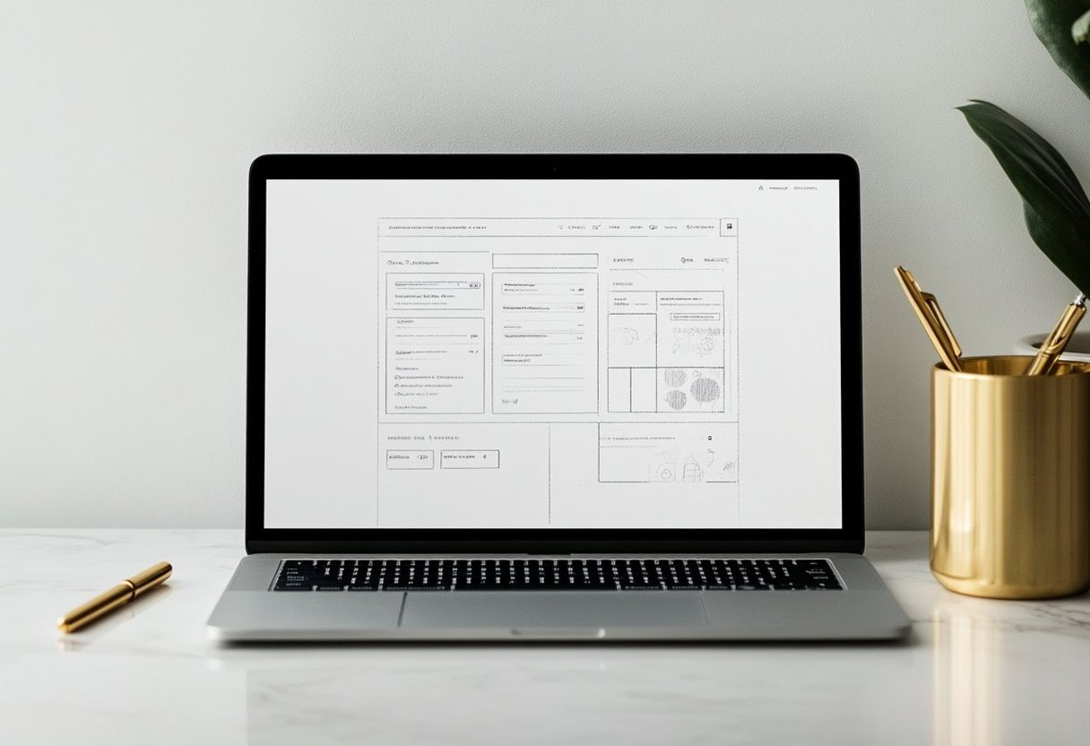 A laptop on a marble desk showing a clean line-drawn layout, beside a gold pen cup