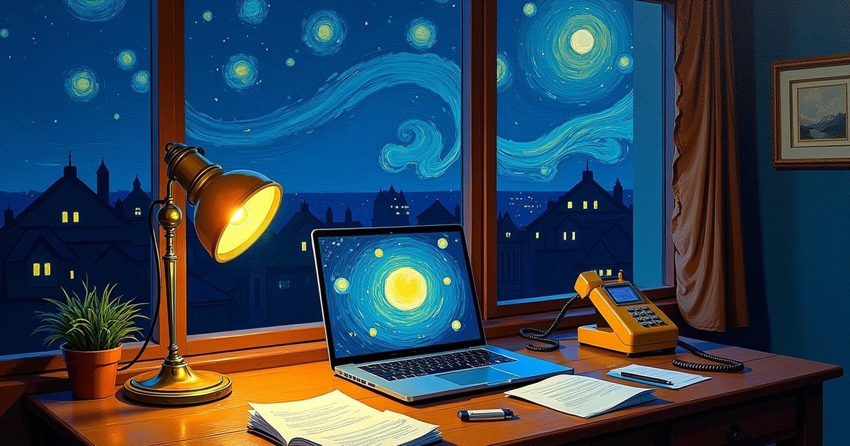 A desk by a night window with an open laptop, a brass lamp, and papers, painted in the style of Van Gogh