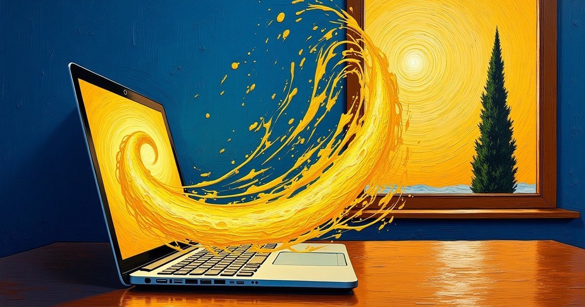 A laptop with a swirl of golden paint streaming off its screen on a wooden desk, painted in the style of Van Gogh