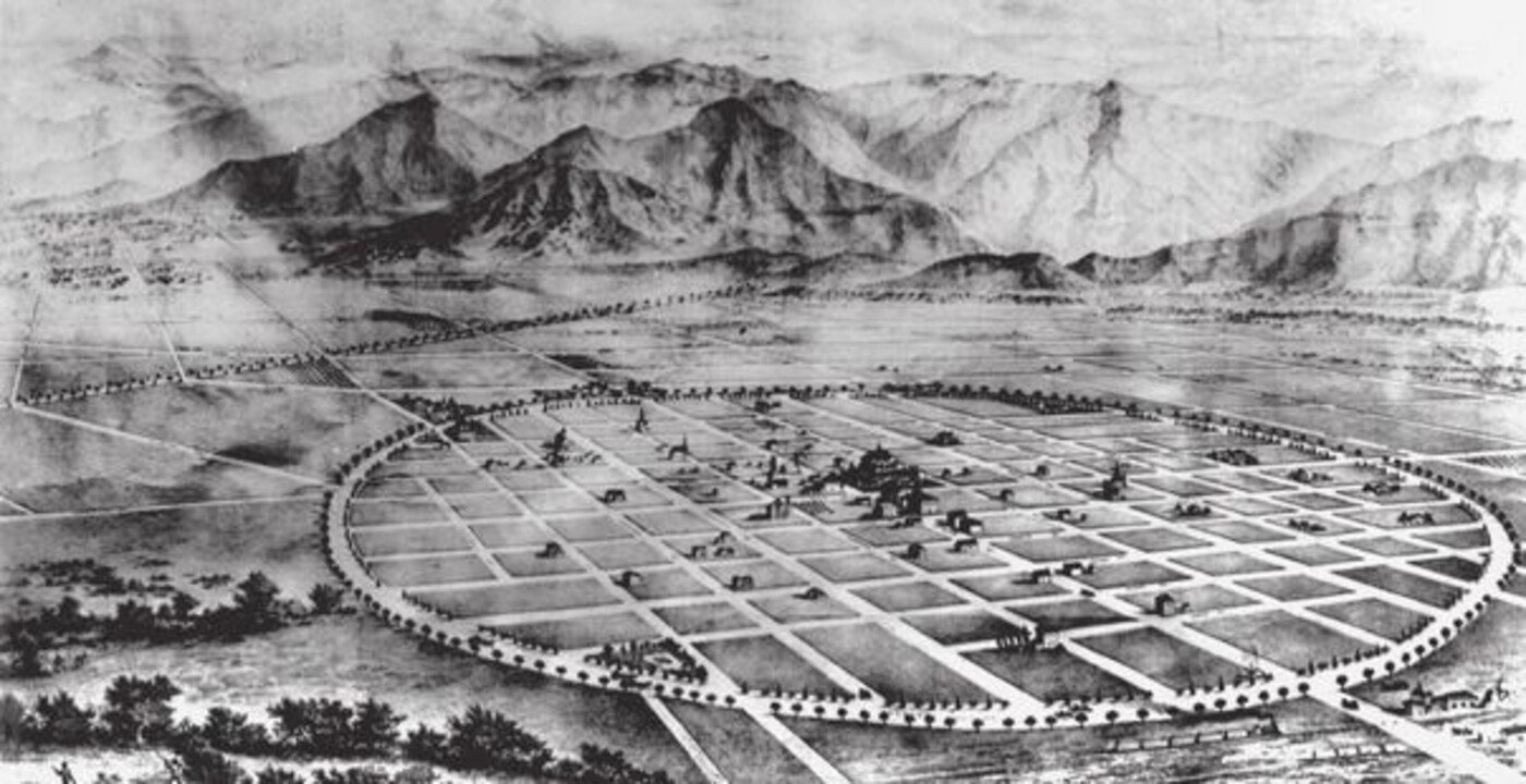An 1887 bird's-eye illustration of Corona's original circular town plan, the layout that gave the city its 