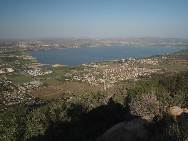 Lake Elsinore and the surrounding city seen from high on Ortega Highway