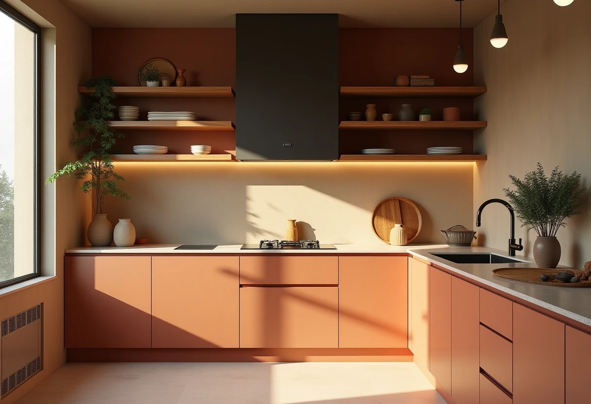A modern kitchen interior styled in warm earth tones