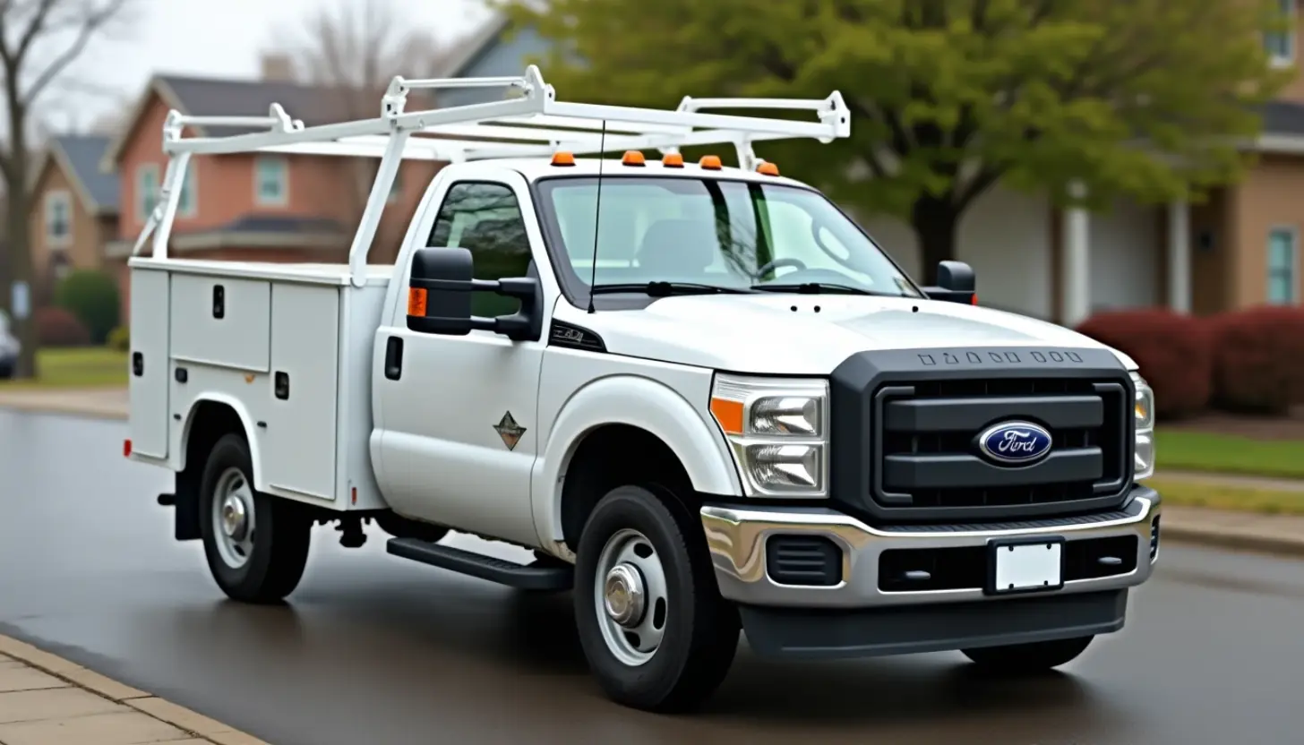 A white work truck parked on a residential street
