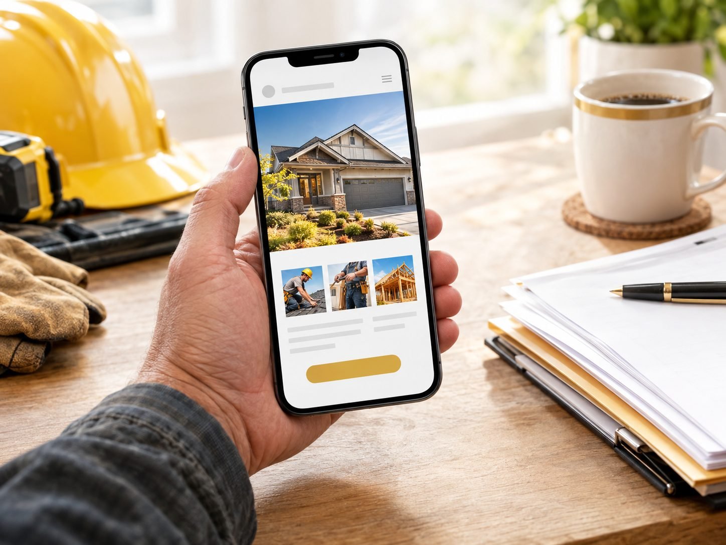 A contractor's hand holding a phone that shows a clean website, on a workbench beside a hard hat, work gloves, a coffee mug, and paperwork