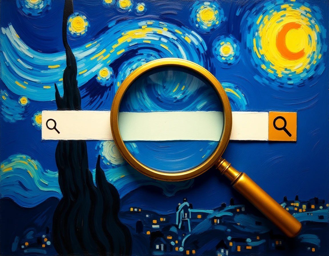 A magnifying glass over a search bar, painted in the style of Van Gogh