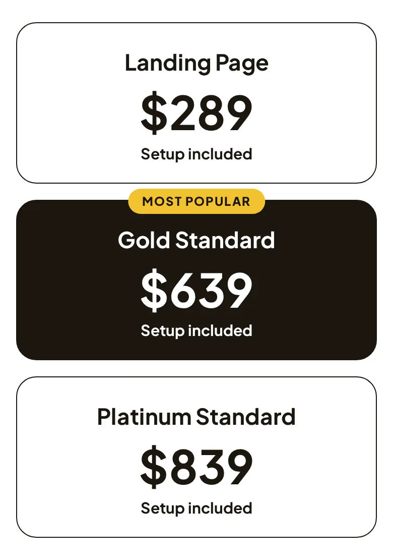 Pricing: Landing Page $289, Gold Standard $639, Platinum Standard $839, each with setup included. Tap to see full pricing.