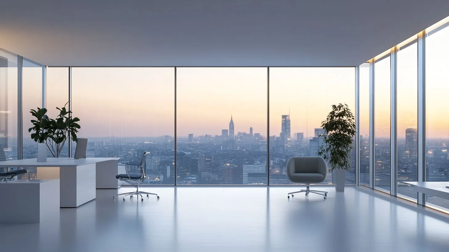 Modern office with city skyline — Sun City Marketing