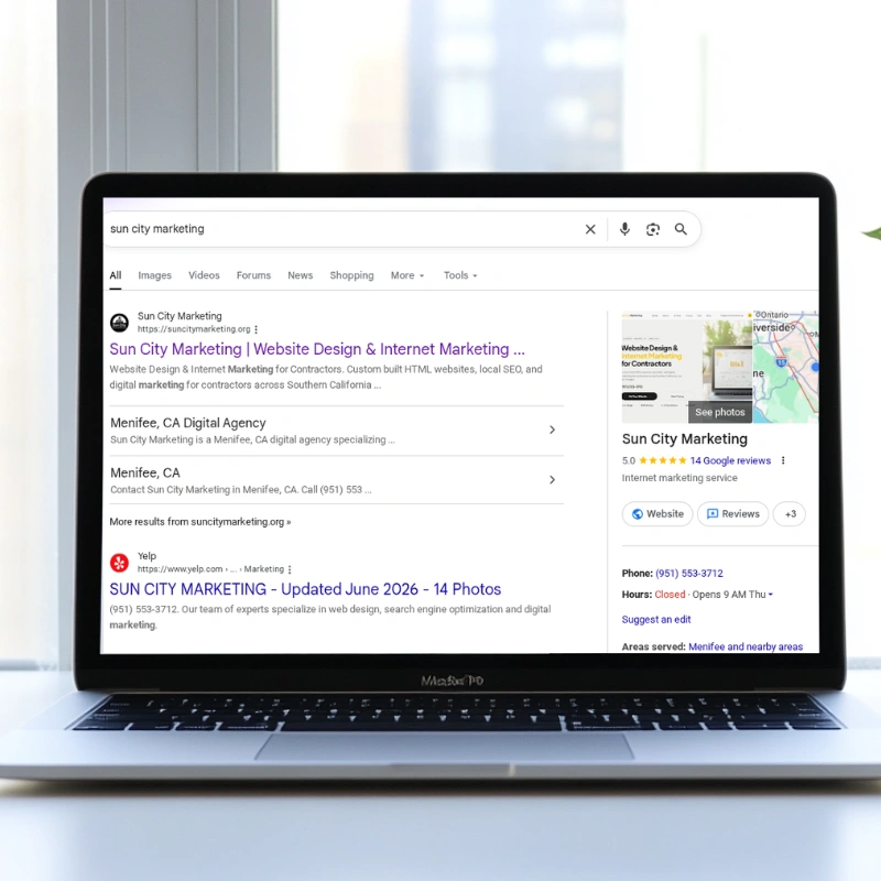 Sun City Marketing ranking #1 on Google — contractor website design and local SEO for Riverside County