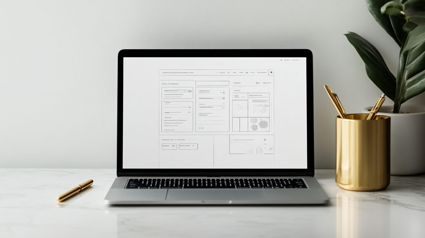 A website wireframe sketch shown on a laptop screen