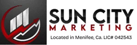 Sun City Marketing logo with bar chart and upward arrow, located in Menifee, California