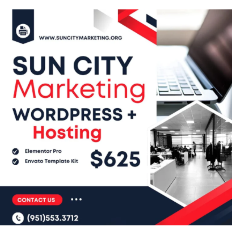Sun City Marketing WordPress and Hosting offer for $625 with Elementor Pro and Envato Template Kit.